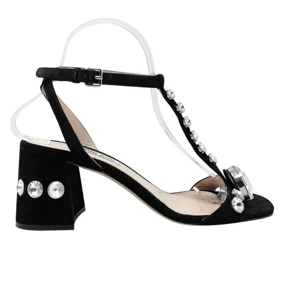 Miu Miu Crystal Embellished Black Suede T-Strap Sandals Size EU 37.5 - Picture 3 of 9